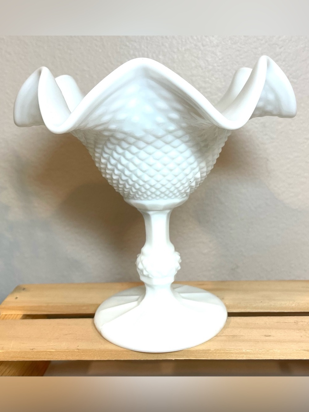 Hobnail Milk Glass Ruffled Fluted Stemmed Compote | Pedestal Candy Dish